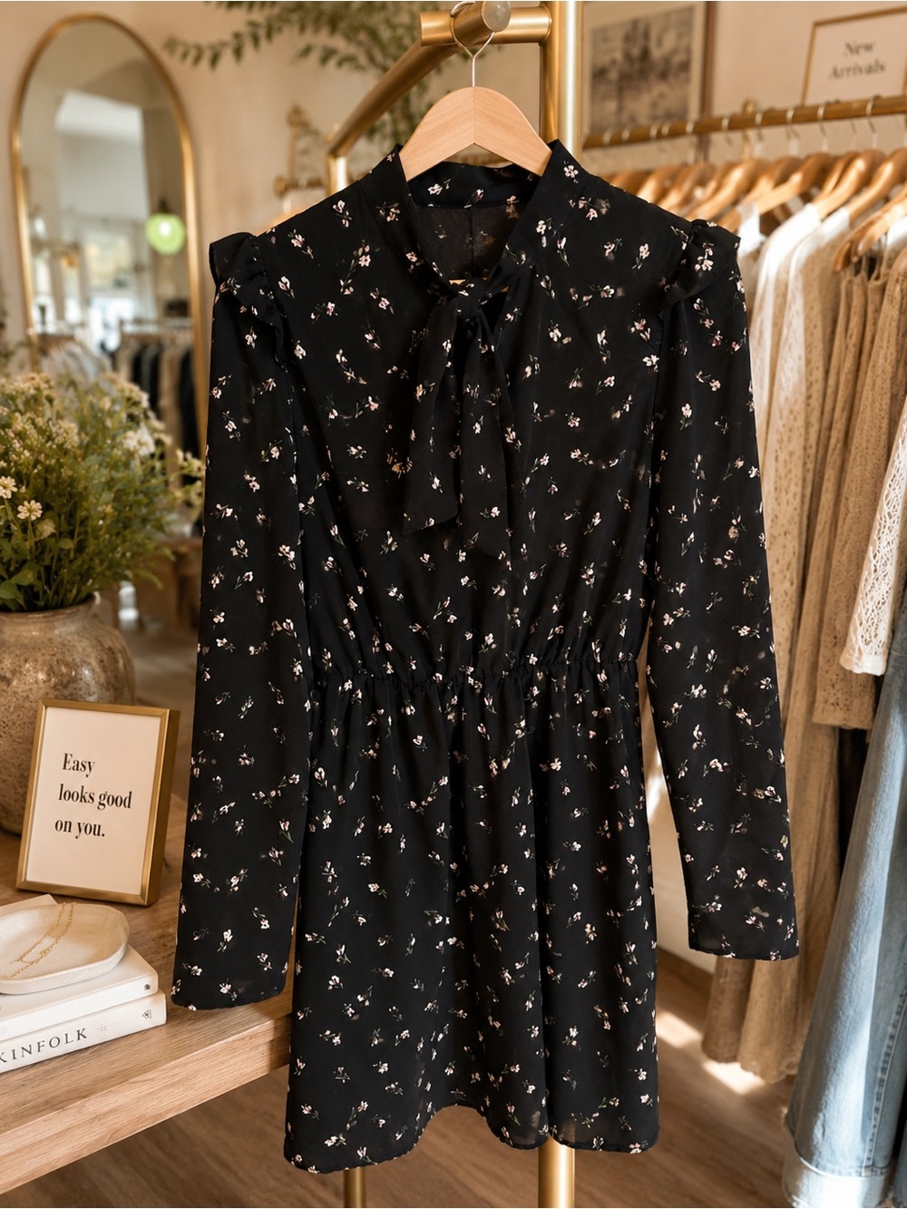 Floral Tie-Neck Long Sleeve Dress